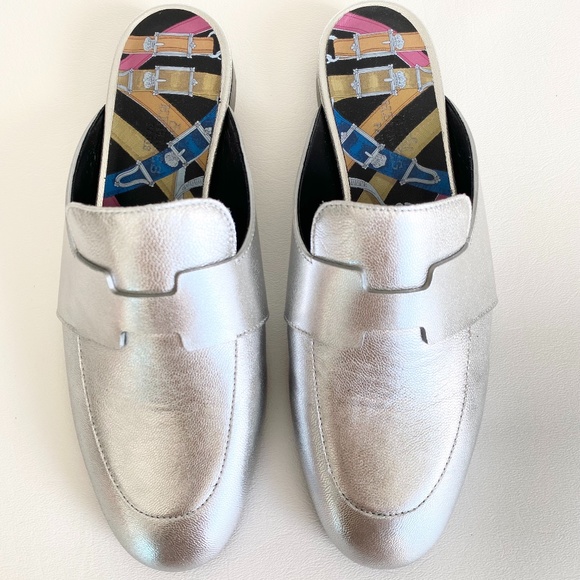 HERMES H CATENA SILVER LEATHER MULES FLIP FLOPS SHOES FLAT SLIDES 35 - Picture 6 of 15